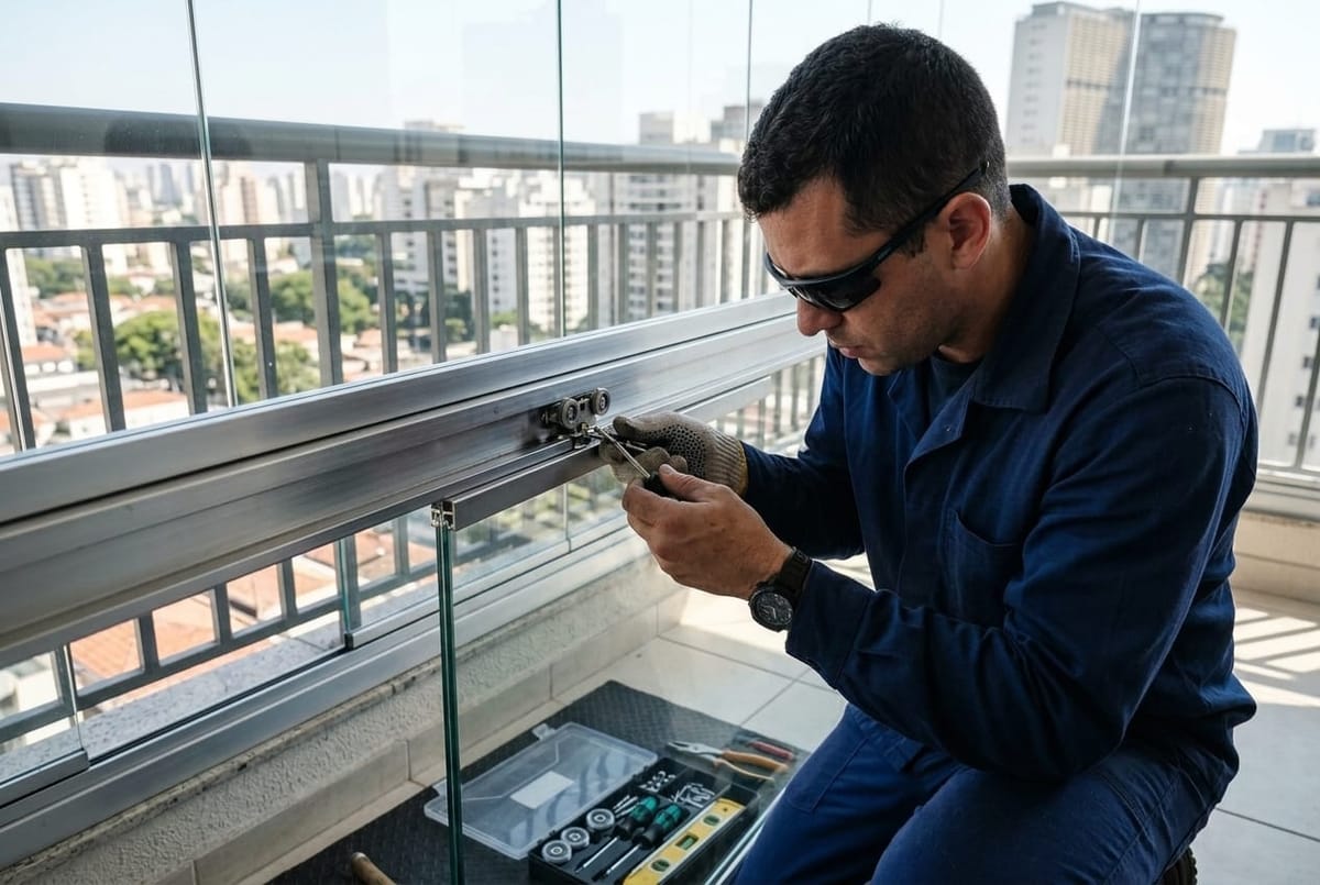 Técnico vidraceiro trabalhando na montagem de estruturas de vidro